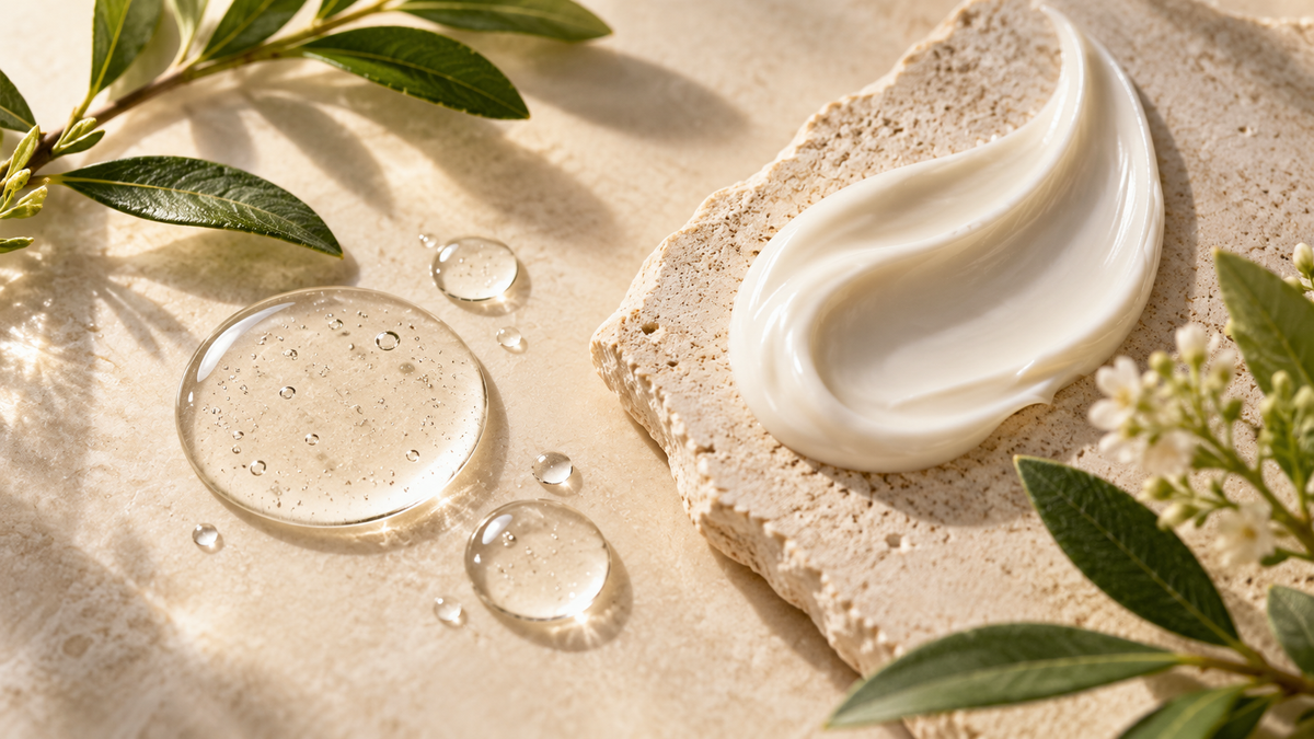 Serum droplets and ivory cream on pale stone with botanical leaves